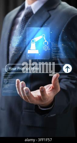 A businessman interacts with a futuristic digital interface showing an AI prompt search bar and an industrial robotic arm hologram, representing smart Stock Photo