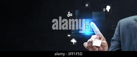 Businessman pointing finger at glowing AI chip hologram with futuristic technology icons and coding interface against a dark background with copy spac Stock Photo