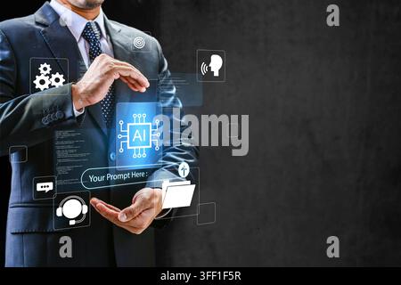 A businessman in a suit holds a glowing virtual interface showing an AI chip, prompt input, and technological icons on a dark background Stock Photo