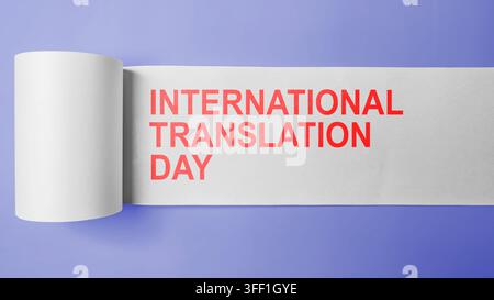 Minimalist conceptual banner for International Translation Day, featuring red text revealed on an unrolled white paper roll over a purple background Stock Photo