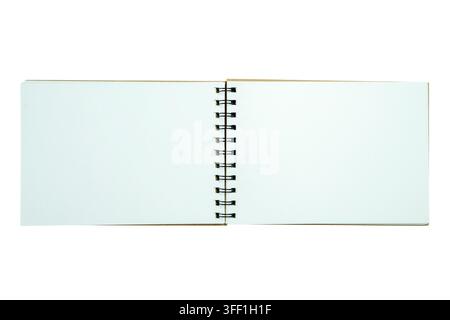 An open, blank spiral-bound notebook with clean white pages, isolated on a white background, ideal for design mockup and copy space Stock Photo