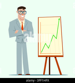 Businessman shows graphics on the flip chart. Cartoon flat style illustration Stock Vector