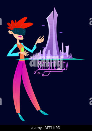 Girl in AR headset looking at the hologram of the city. Cartoon flat style illustration isolated on black background Stock Vector