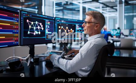 Senior Software Developer Pointing At Screen While Debugging Code Remotely. Stock Photo