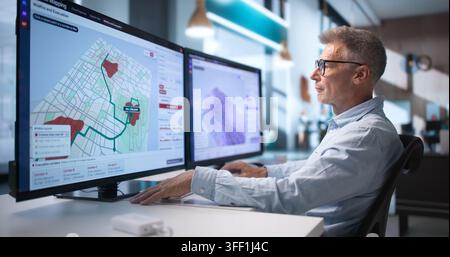 Environmental Scientist Uses Computer Software To Analyze Flood Risk Zones Carefully. Stock Photo