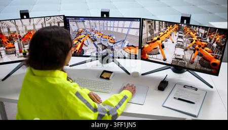 Female Engineer Monitors Automotive Factory Production Line Using SCADA Software. Stock Photo