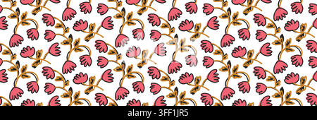 Bold Naive Floral Seamless Pattern with Pink Flowers Stock Vector