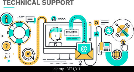 Vector illustration of technical support concepts featuring line icons, a computer operator helpline, service maintenance, and helpdesk symbols. Stock Vector
