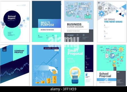 Vector illustration set of annual report brochures, multi-purpose templates, and business proposals featuring modern corporate layout cover designs. Stock Vector