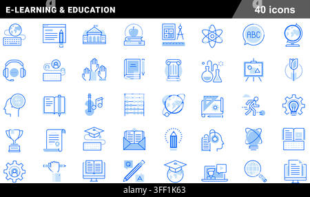 Vector line icon set of e-learning and education featuring forty blue outline symbols for academic study, online courses, and school knowledge. Stock Vector