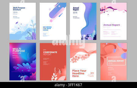 Vector illustration set of annual reports and multi-purpose brochures featuring modern corporate layouts, abstract shapes, and floral design elements. Stock Vector