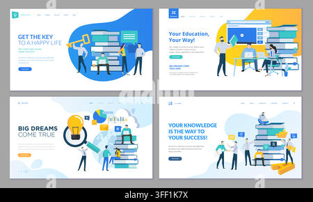 Vector illustration set of education and success landing page templates featuring students studying books, big dreams, and knowledge symbols. Stock Vector