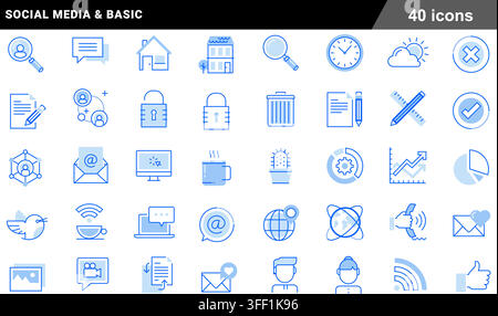 Vector line icon set of social media and basic elements featuring forty blue outline symbols for web design, networking, and mobile applications. Stock Vector