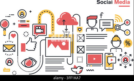 Vector illustration set of social media concepts featuring line icons, cloud computing network connections, video streaming, and profile symbols. Stock Vector