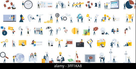 Vector illustration set of business and finance concepts featuring tiny people characters working on strategy, analytics, startup, and success. Stock Vector