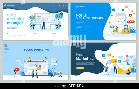Vector illustration set of digital marketing and social media templates featuring marketing managers, mobile networks, social marketing, and email. Stock Vector
