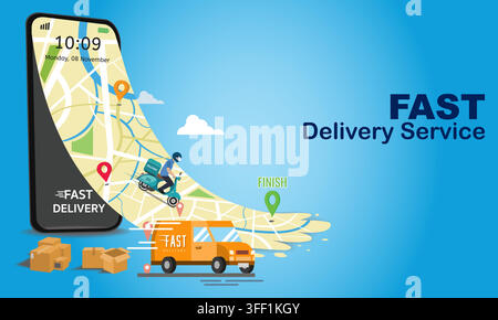 Vector illustration of fast delivery service featuring smartphone map navigation, scooter rider courier, shipping truck, and package boxes. Stock Vector