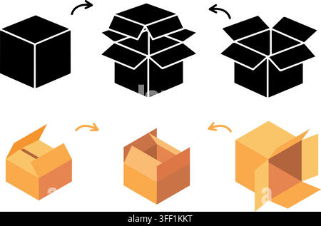 Vector illustration set of cardboard box opening steps featuring black silhouette icons and brown carton package unpacking sequences. Stock Vector