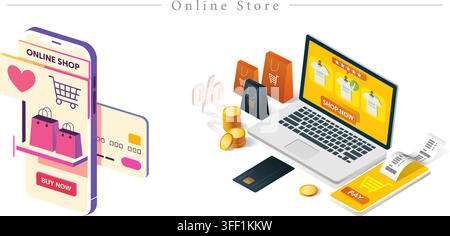 Vector illustration set of online store e-commerce concepts featuring mobile shopping app, laptop storefront, credit card, and shopping bags. Stock Vector