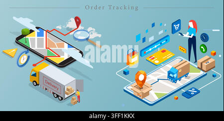 Vector illustration set of order tracking and delivery logistics featuring mobile map navigation, shipping trucks, package boxes, and credit cards. Stock Vector