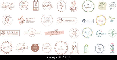 Vector illustration set of beauty care and natural product badges featuring floral wreaths, botanical elements, organic cosmetics, and branding logos. Stock Vector