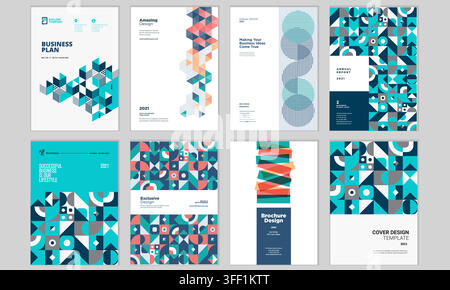 Vector illustration set of business report cover templates featuring geometric mosaic tiles, isometric cubes, circle patterns, and ribbon layouts. Stock Vector