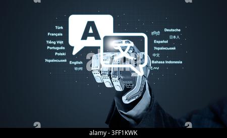 A robotic hand interacting with translation speech bubbles and multilingual text, representing AI machine translation Stock Photo