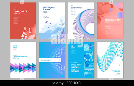 Vector illustration set of corporate annual report cover templates featuring fluid gradients, halftone dots, wireframe helix, and geometric shapes. Stock Vector