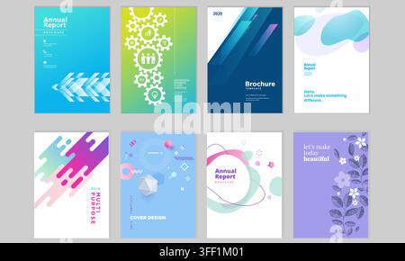 Vector illustration set of annual report cover templates featuring gradient geometric shapes, gear mechanism, 3D memphis style, and floral artwork. Stock Vector