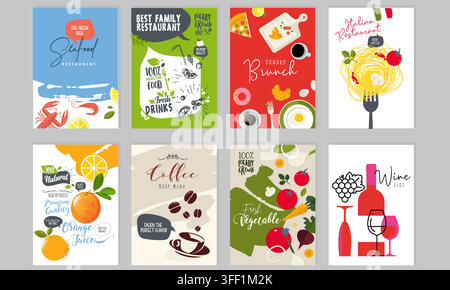 Vector illustration set of restaurant menu templates featuring seafood, Italian pasta, Sunday brunch, coffee, orange juice, and wine list cards. Stock Vector