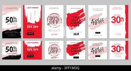 Vector template set of sale social media stories and posts featuring brush stroke texture, 50 percent off discount badge, and shop now buttons. Stock Vector