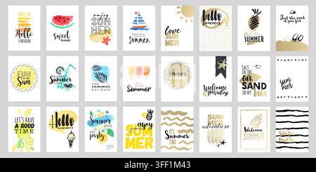 Vector illustration set of summer typographic cards featuring hand-drawn lettering, watercolor watermelon, popsicles, gold foil, and beach motifs. Stock Vector