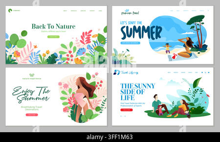 Vector illustration set of summer travel landing pages featuring nature vacation concepts, beach holiday, family picnic, and tropical foliage. Stock Vector