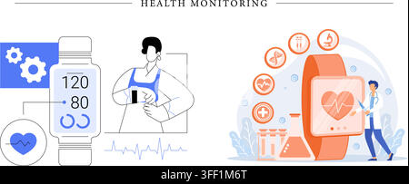 Vector illustration set of health monitoring concept featuring smartwatch fitness tracker, blood pressure screen, heart pulse, doctor, and test flask. Stock Vector