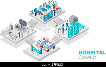 Vector illustration set of isometric hospital concept featuring reception desk, patient ward beds, MRI scanner machine, ambulance cars, and staff. Stock Vector