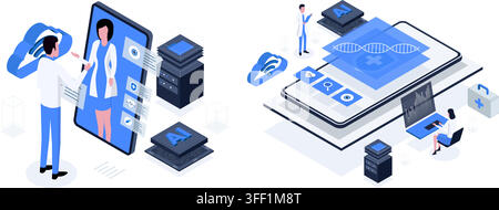 Vector illustration set of isometric AI healthcare concept featuring virtual doctor phone screen, AI microchip, cloud data, DNA strand, and laptop. Stock Vector