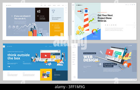 Vector illustration set of web design landing pages featuring creative agency concepts, project lighthouse, think outside box team, and laptop mockup. Stock Vector