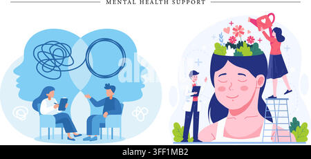 Vector illustration set of mental health support concept featuring psychotherapy session, untangled thoughts, head with blooming flowers, and watering Stock Vector