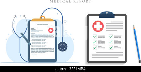 Vector illustration set of medical report concept featuring clipboard checklist, health prescription paper, stethoscope, blue pencil, and cross badge. Stock Vector