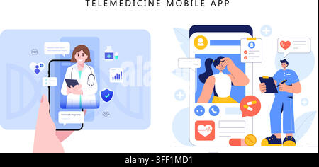 Vector illustration set of telemedicine mobile app concept featuring female doctor on smartphone, virtual consultation, medical record, and pills. Stock Vector