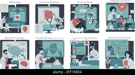 Vector illustration set of futuristic healthcare technology featuring 3D bioprinting, AI diagnostics, mental health bot, AR surgery, and VR medical Stock Vector