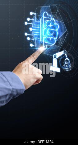 A business person interacts with a glowing futuristic digital interface representing artificial intelligence, machine learning, and advanced industria Stock Photo