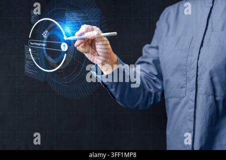A person uses a digital stylus to interact with a futuristic, glowing blue holographic circular interface displaying data and code on a dark backgroun Stock Photo
