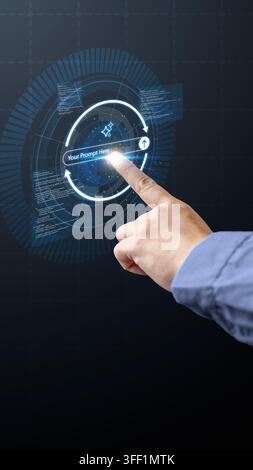 A hand interacts with a glowing, futuristic AI prompt engineering interface on a virtual holographic screen. Generative AI Business concept Stock Photo