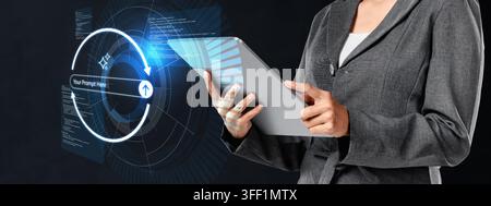 Business professional holding tablet with futuristic blue holographic interface showing data upload and cloud synchronization. Generative AI Business Stock Photo