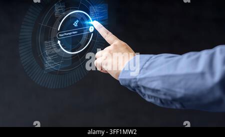 A hand interacts with a glowing, futuristic AI prompt engineering interface on a virtual holographic screen. Generative AI Business concept Stock Photo