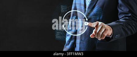 A businessman pointing at a glowing holographic generative AI prompt screen. Concept of prompt engineering, machine learning, future technology, and d Stock Photo