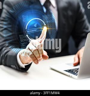 A business professional in a suit interacts with a glowing, holographic AI prompt interface on a virtual screen, representing generative technology an Stock Photo