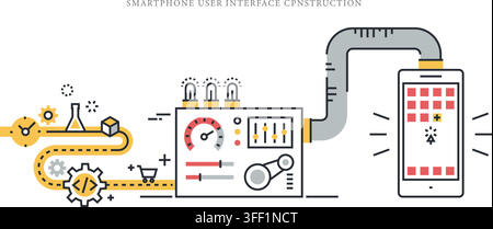Vector illustration set of smartphone UI construction concept featuring app production pipeline, control unit, sliders, pipe feed, and mobile screen Stock Vector