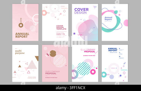 Vector illustration set of annual report cover templates featuring pastel geometric shapes, fluid gradient blobs, and memphis design elements. Stock Vector